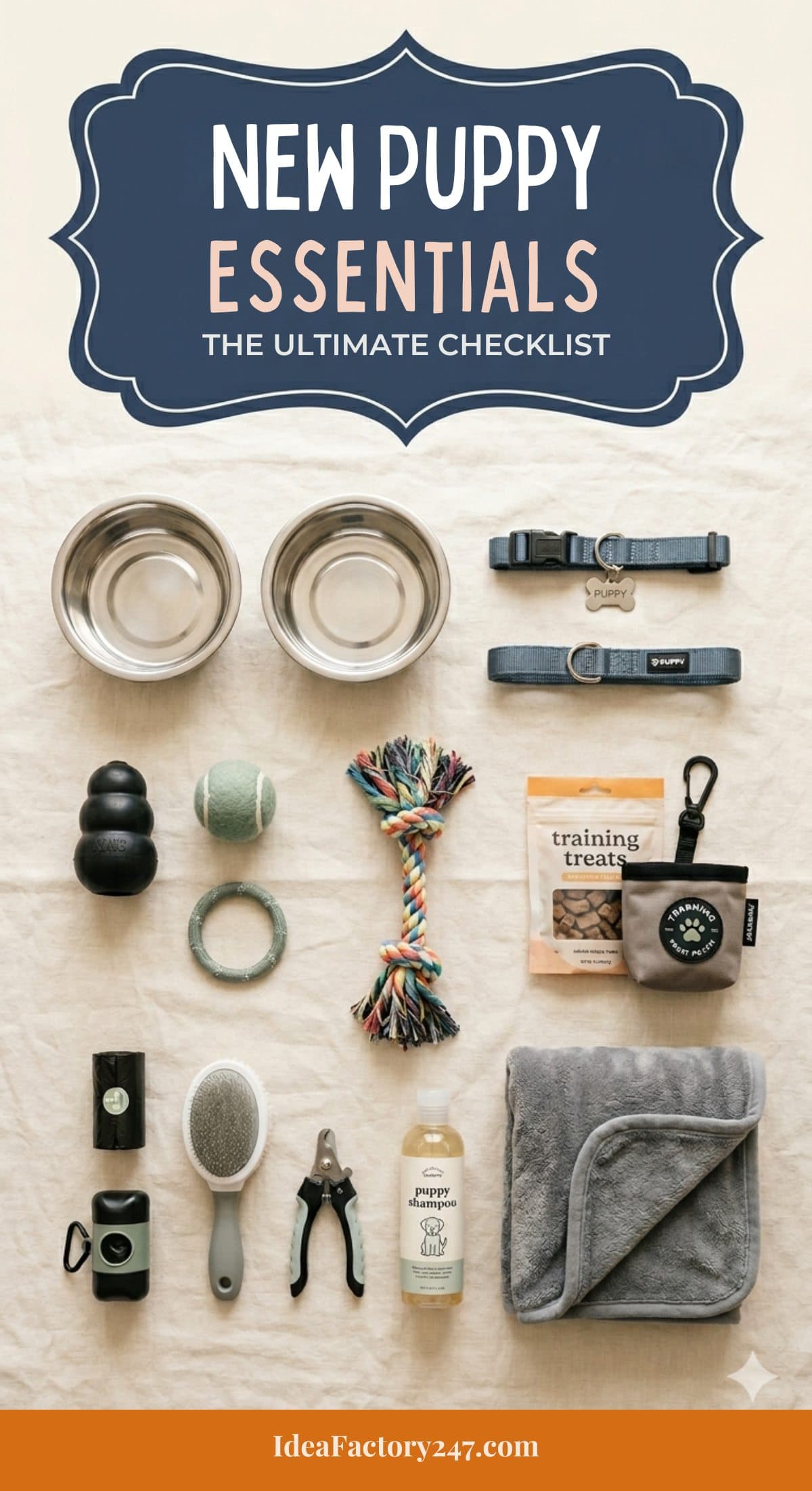 Flat lay of new puppy essentials: two metal bowls, collar, harness, leash, poop bags, kong toy, rope toy, tennis ball, training treats, treat pouch, brush, nail clippers, shampoo, blanket, and clicker. Perfect for your new puppy essentials checklist.
