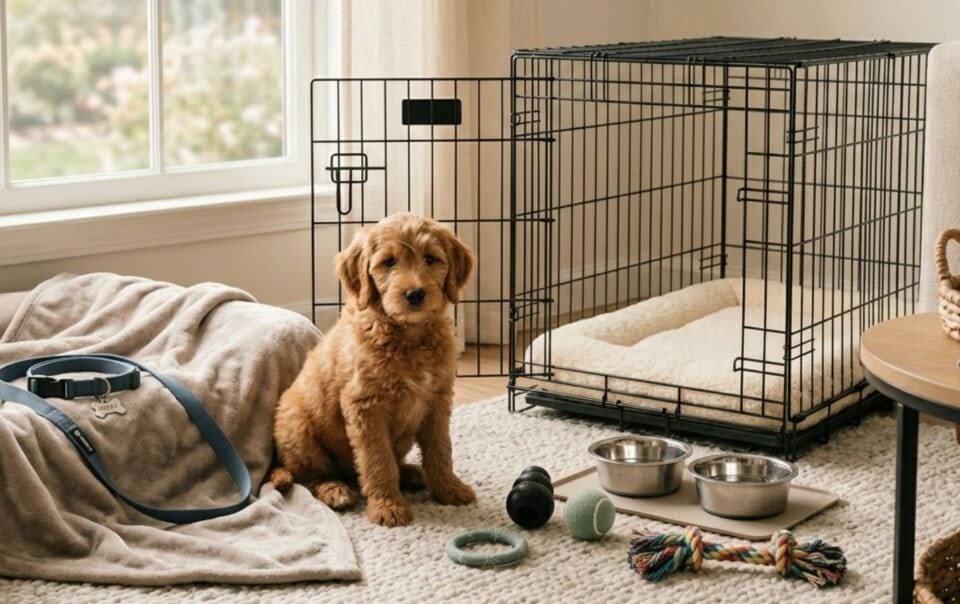 A fluffy brown puppy sits on a carpeted floor next to a crate with a soft bed inside, surrounded by new puppy essentials—dog toys, leash, blanket, and food and water bowls—in a cozy, sunlit room.