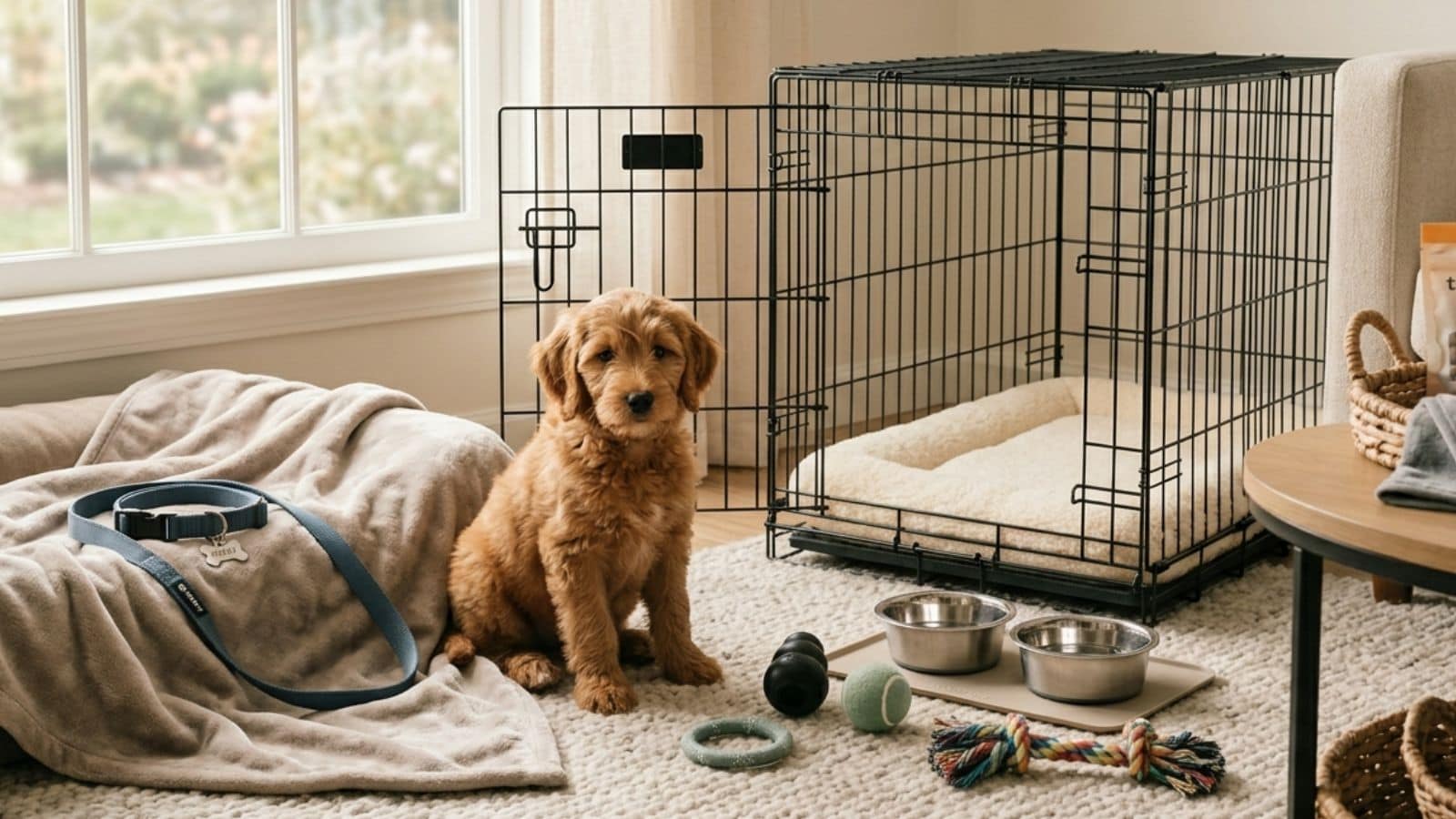 A fluffy brown puppy sits on a carpeted floor next to a crate with a soft bed inside, surrounded by new puppy essentials—dog toys, leash, blanket, and food and water bowls—in a cozy, sunlit room.