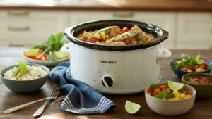A white Crockpot filled with a colorful stew sits on a wooden table, surrounded by bowls of rice, salad, salsa, and lime wedges, with a fork, spoon, and blue striped napkin nearby.