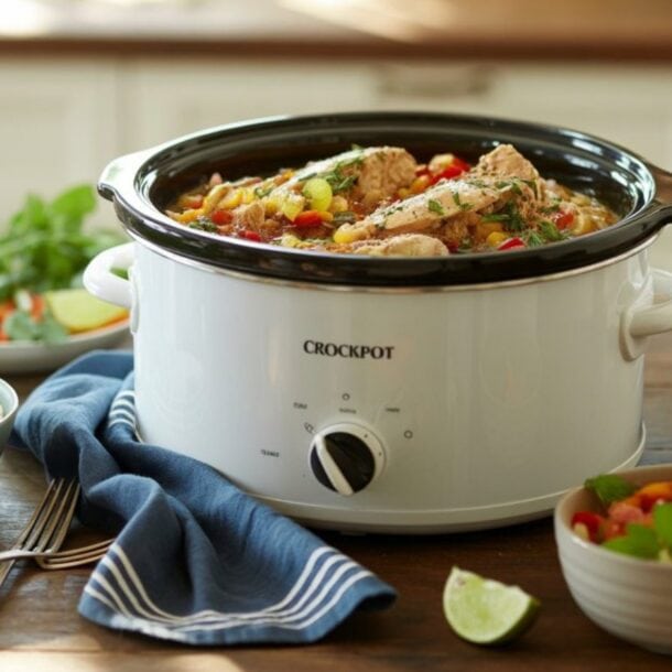 A white Crockpot filled with a colorful stew sits on a wooden table, surrounded by bowls of rice, salad, salsa, and lime wedges, with a fork, spoon, and blue striped napkin nearby.