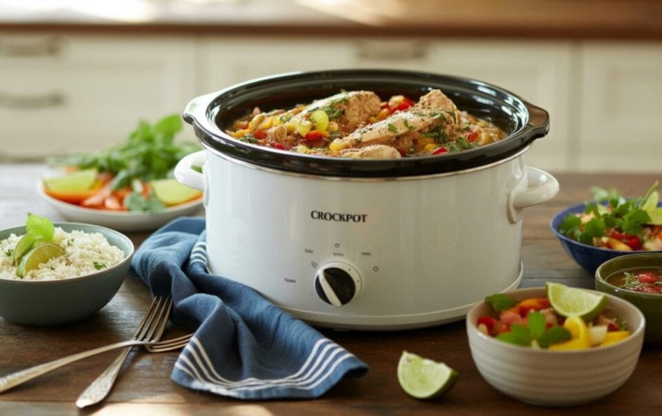 A white Crockpot filled with a colorful stew sits on a wooden table, surrounded by bowls of rice, salad, salsa, and lime wedges, with a fork, spoon, and blue striped napkin nearby.