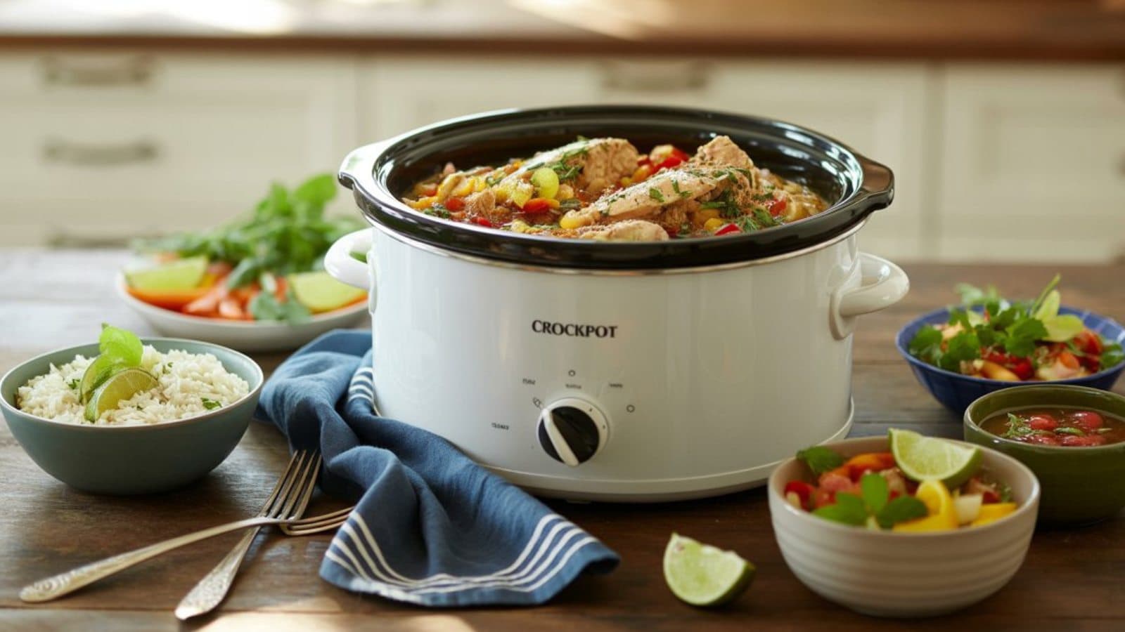 A white Crockpot filled with a colorful stew sits on a wooden table, surrounded by bowls of rice, salad, salsa, and lime wedges, with a fork, spoon, and blue striped napkin nearby.