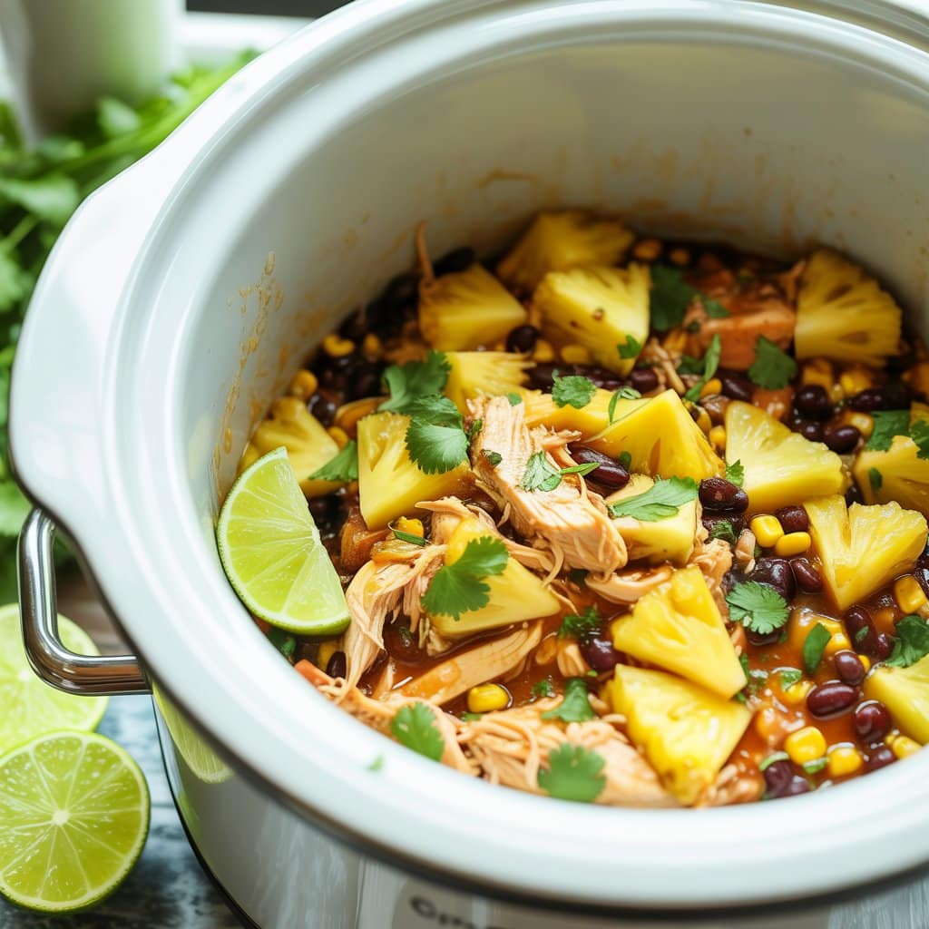 Shredded chicken, black beans, corn, pineapple chunks, and fresh cilantro in a slow cooker—one of our top summer crockpot recipes—finished with zesty lime wedges.