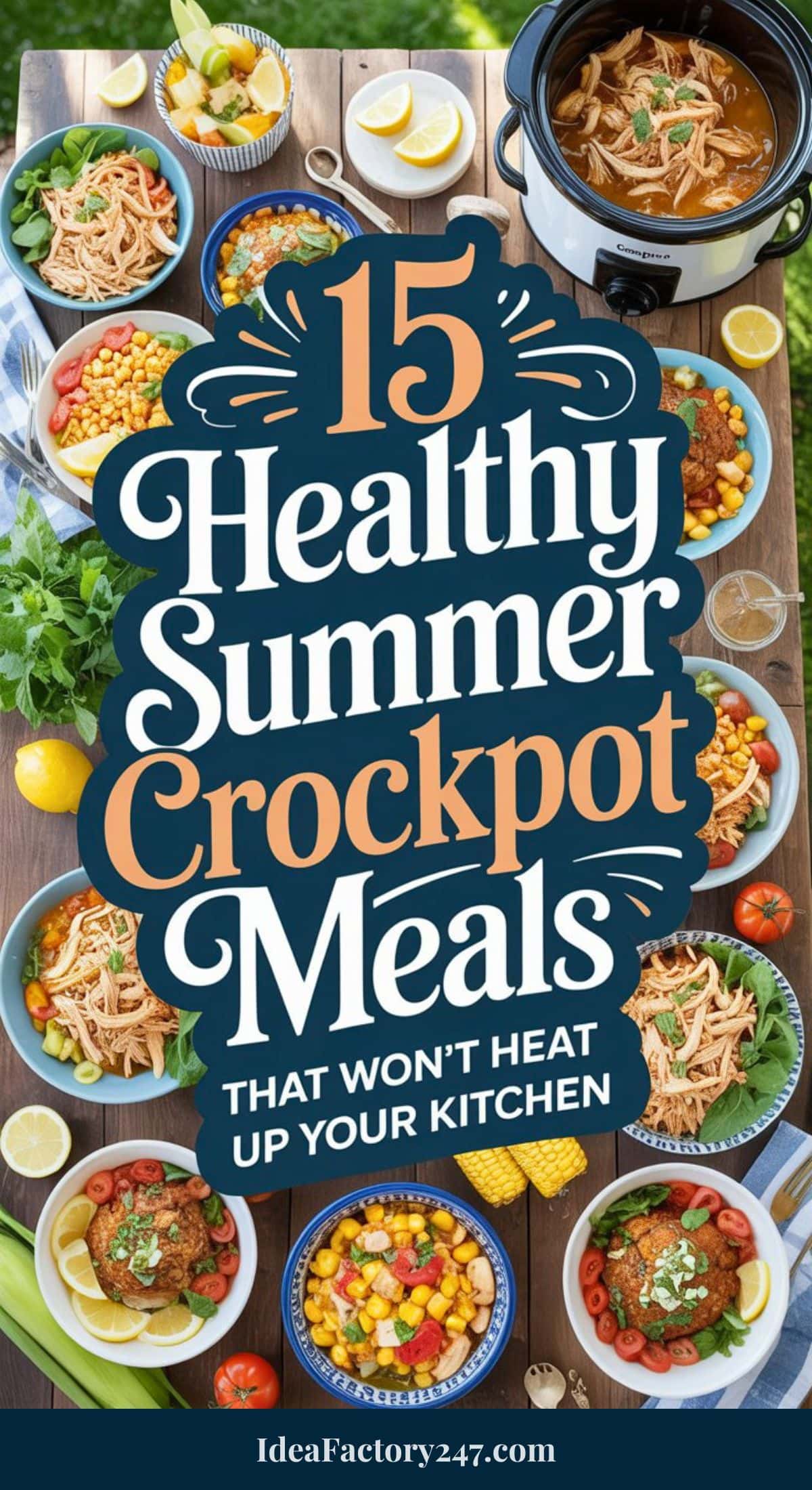 A colorful assortment of healthy summer crockpot meals in bowls surrounds text that reads, 15 Healthy Summer Crockpot Meals That Won’t Heat Up Your Kitchen. A crockpot and various fresh ingredients are also visible.