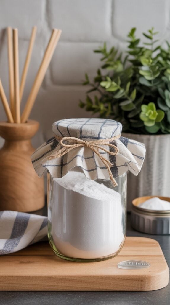 A glass jar filled with white powder, covered with a cloth tied with twine, sits on a wooden tray beside a small bowl of powder, a striped towel, and potted green plants in the background.