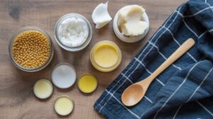A wooden spoon and a blue checkered cloth beside jars of beeswax pellets, solid coconut oil, shea butter, and various small tins of homemade beeswax lip balm on a wooden surface.