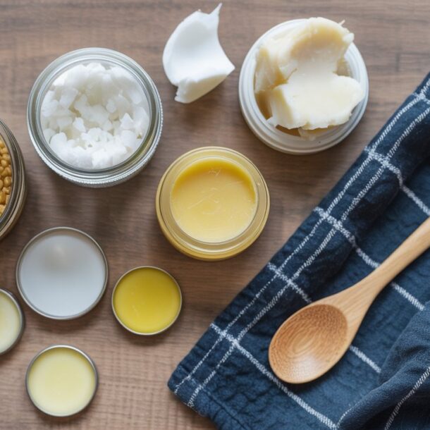 A wooden spoon and a blue checkered cloth beside jars of beeswax pellets, solid coconut oil, shea butter, and various small tins of homemade beeswax lip balm on a wooden surface.