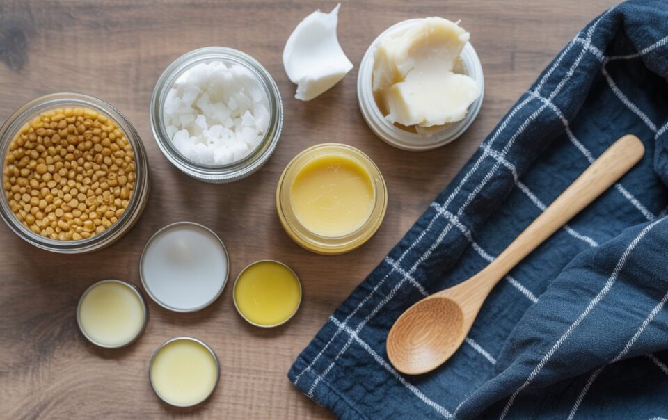 A wooden spoon and a blue checkered cloth beside jars of beeswax pellets, solid coconut oil, shea butter, and various small tins of homemade beeswax lip balm on a wooden surface.