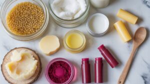 Assorted natural lip balm ingredients, including beeswax pellets, shea butter, coconut oil, powders, and beetroot lip balm tubes, are arranged with small jars, a wooden spoon, and open containers on a white marble surface.