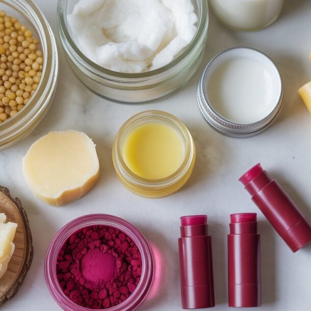 Assorted natural lip balm ingredients, including beeswax pellets, shea butter, coconut oil, powders, and beetroot lip balm tubes, are arranged with small jars, a wooden spoon, and open containers on a white marble surface.