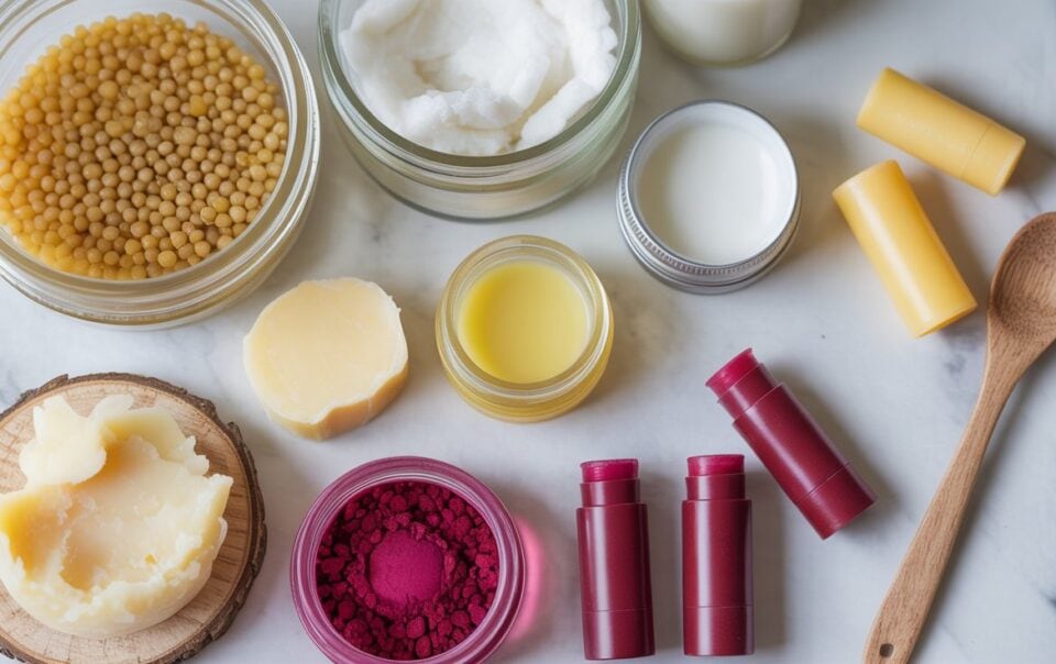 Assorted natural lip balm ingredients, including beeswax pellets, shea butter, coconut oil, powders, and beetroot lip balm tubes, are arranged with small jars, a wooden spoon, and open containers on a white marble surface.