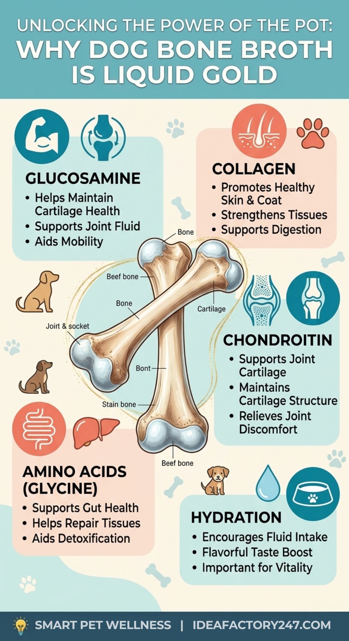 Infographic titled Why Dog Bone Broth is Liquid Gold explains health benefits of bone broth for dogs: glucosamine, collagen, chondroitin, amino acids, and hydration, with images of bones, dogs, and icons representing each benefit.