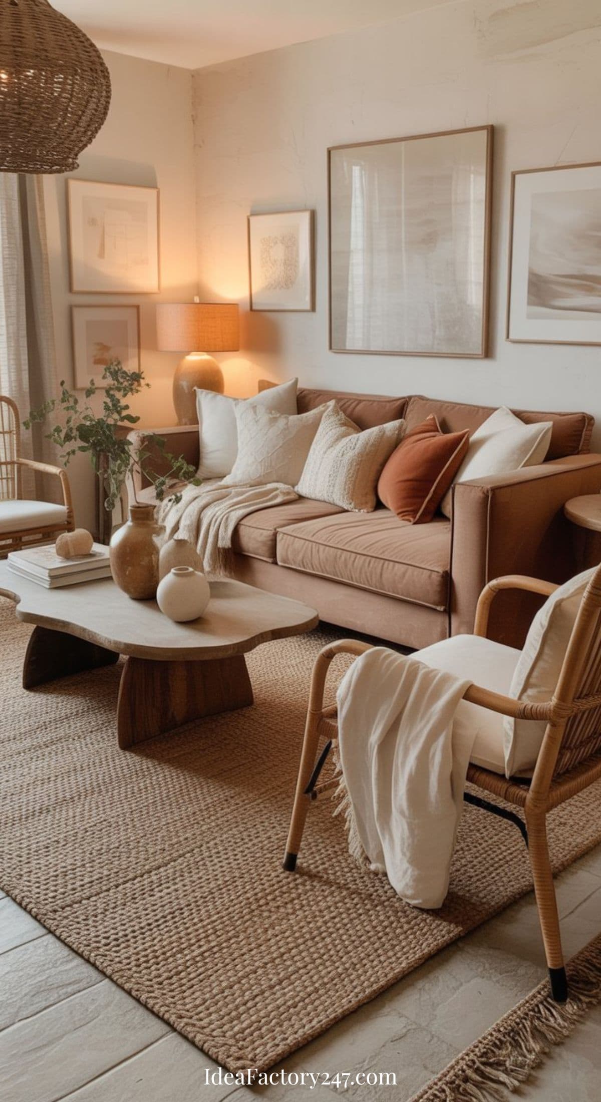 A cozy living room with a tan sofa, white and rust pillows, wooden coffee table, wicker chairs, neutral decor, framed art on the wall, a woven rug, and soft lighting from table lamps.