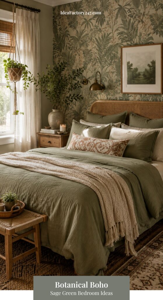 A cozy sage green bedroom features botanical wallpaper, a rattan headboard, potted plants, and natural wood accents, creating a boho-inspired, nature-themed space.