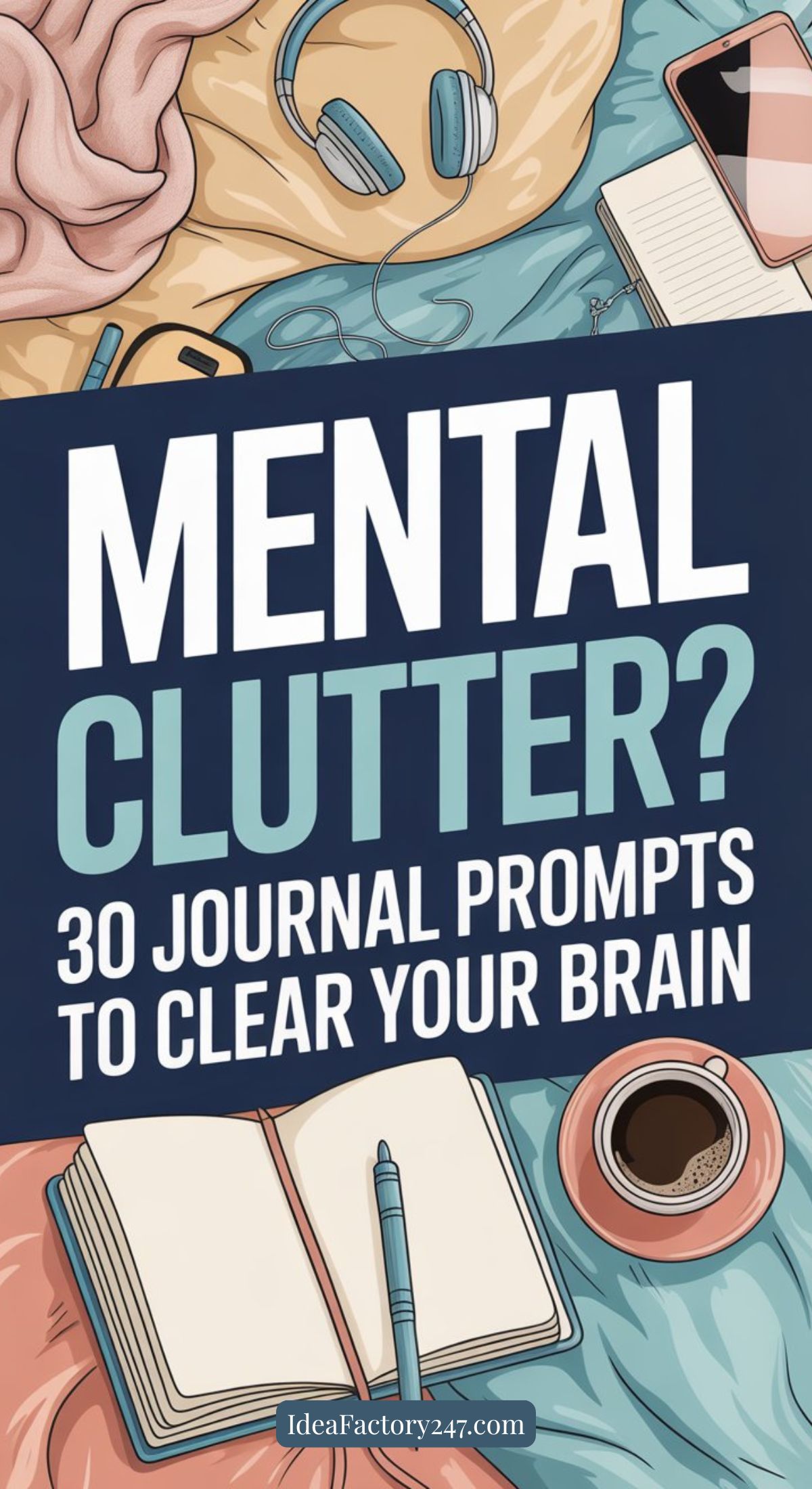 A journal, pen, coffee, headphones, and a laptop surround a sign that reads, Mental Clutter? 30 Journal Prompts to Clear Your Brain.