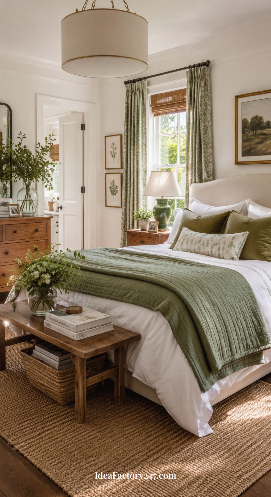 Bright and inviting, this bedroom showcases inspiring green bedroom ideas with its lush quilted bed paired with crisp white bedding. Wooden furniture, framed art, large windows, vibrant plants, and a woven rug add warmth and character. At the foot of the bed, a bench displays books and a flower vase for a cozy finishing touch.