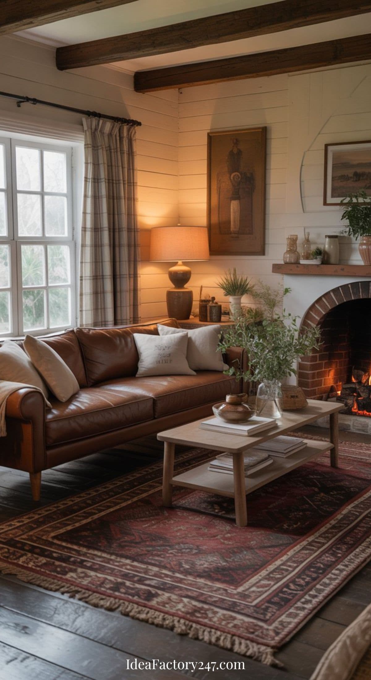 A cozy living room with a brown leather sofa, wooden coffee table, patterned rug, and brick fireplace. Warm lighting, houseplants, and framed art create a welcoming, rustic atmosphere. Large window lets in natural light.