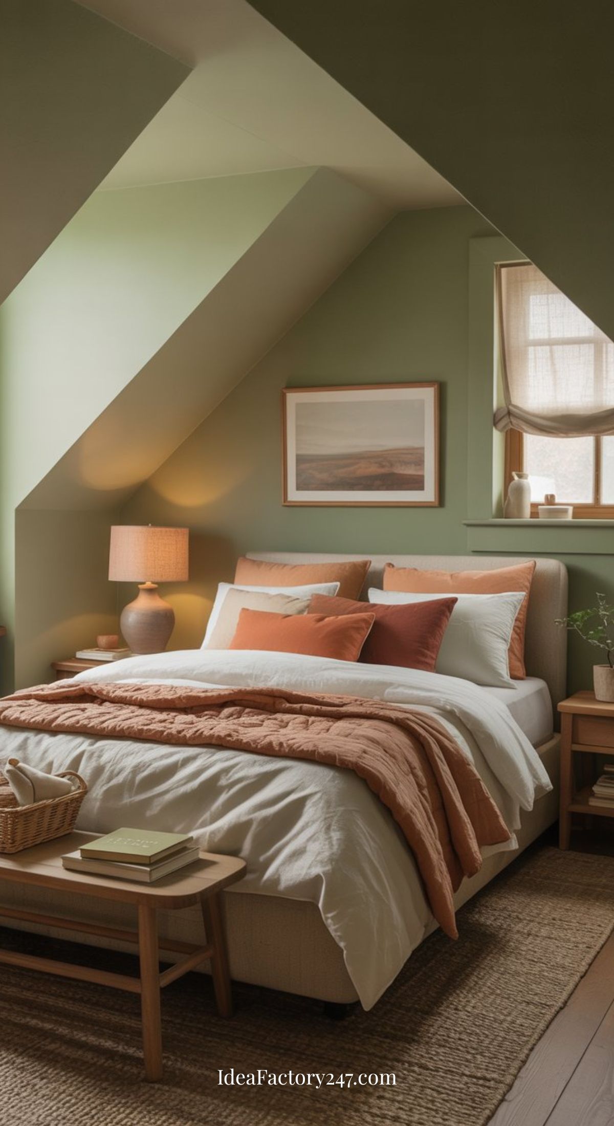 A cozy bedroom with sage green walls, a sloped ceiling, a bed with white and rust-colored linens, a wooden bench at the foot, bedside tables with lamps, and a window with a Roman shade letting in natural light.