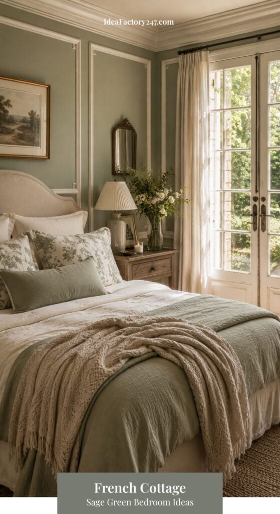 Cozy sage green bedroom with a tufted headboard, floral pillows, beige throw, vintage mirror, vase with flowers, wall art, and French doors letting in natural light. Discover inspiring French Cottage sage green bedroom ideas below.