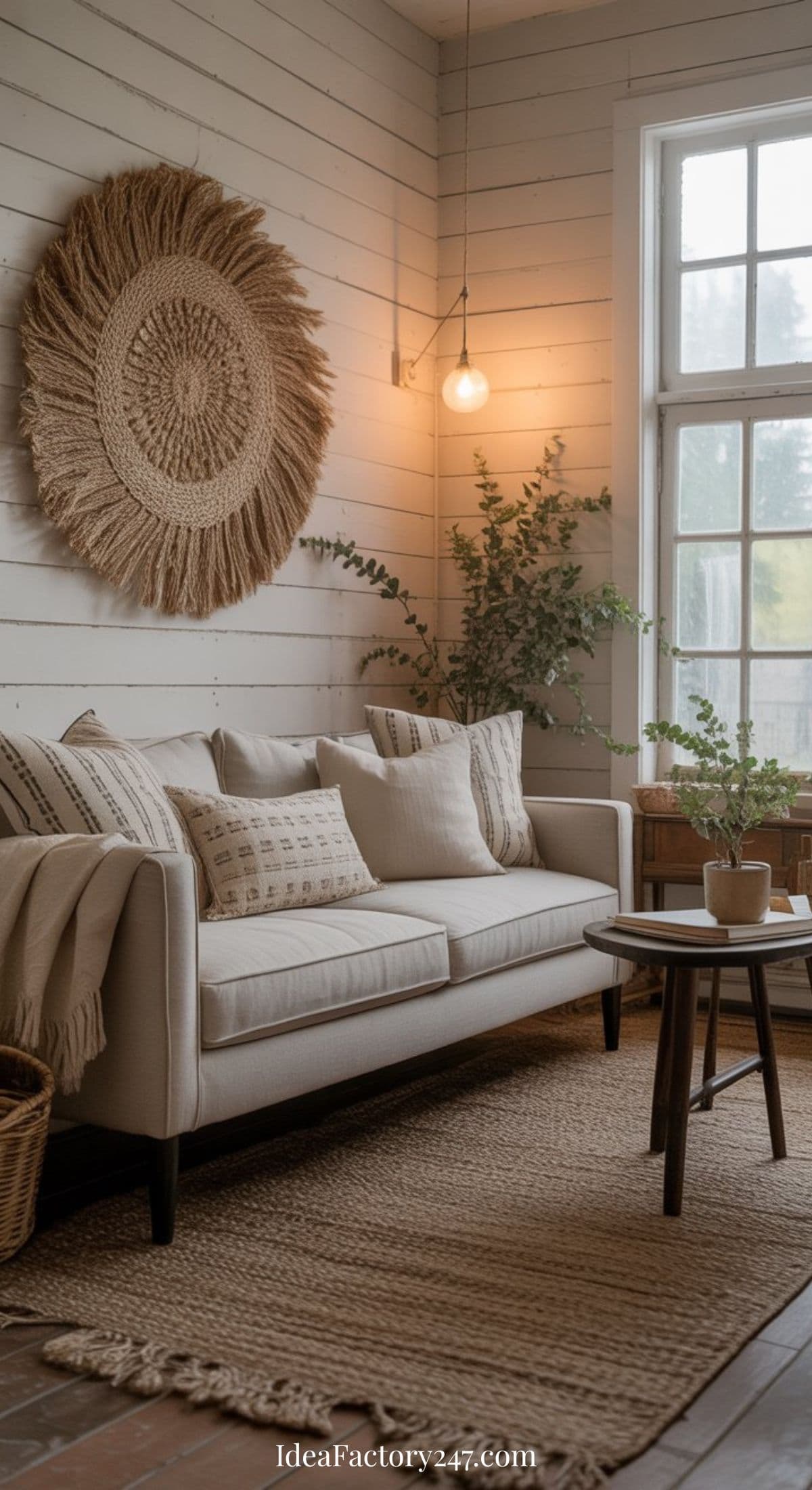 A cozy living room with a light beige sofa, patterned cushions, a woven rug, and a round straw wall hanging. A plant sits on a wooden coffee table, and warm light glows from a hanging bulb near a large window.