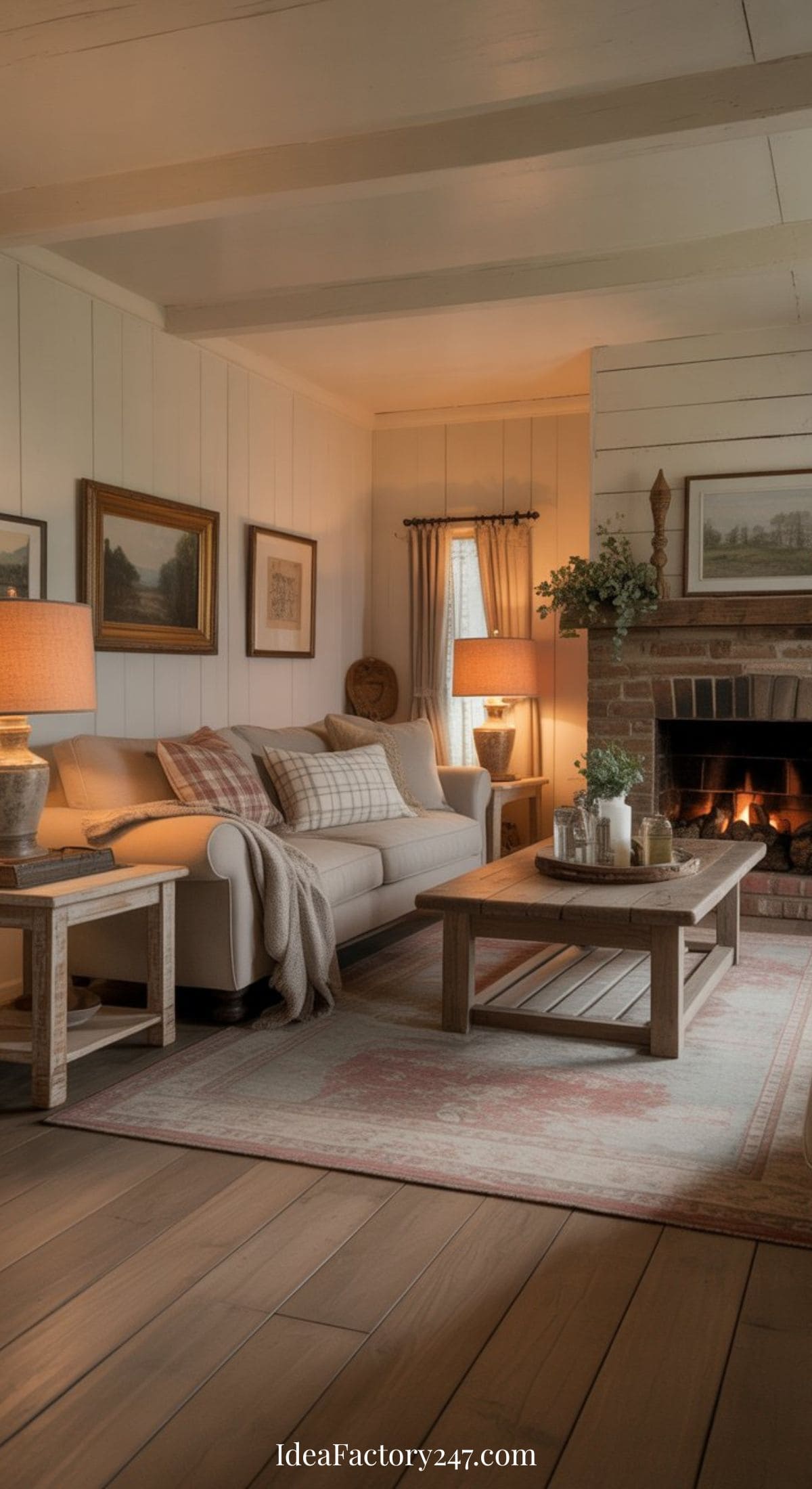 Cozy living room with a beige sofa, wooden coffee table, lit fireplace, framed art on white-paneled walls, and warm lighting. Throw pillows and blankets add comfort; a rug and plants create a welcoming, rustic atmosphere.
