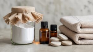 A glass jar with cloth cover, two small amber essential oil bottles, smooth white stones, and neatly folded beige towels arranged on a light surface. Perfect for spa relaxation or creating DIY air fresheners at home.