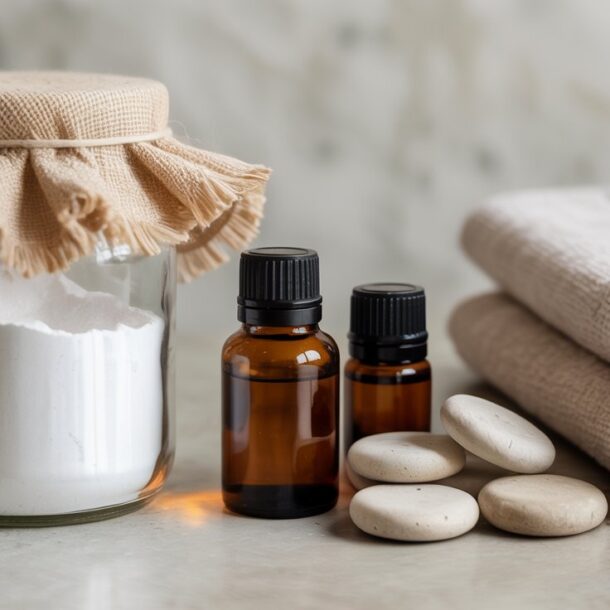 A glass jar with cloth cover, two small amber essential oil bottles, smooth white stones, and neatly folded beige towels arranged on a light surface. Perfect for spa relaxation or creating DIY air fresheners at home.