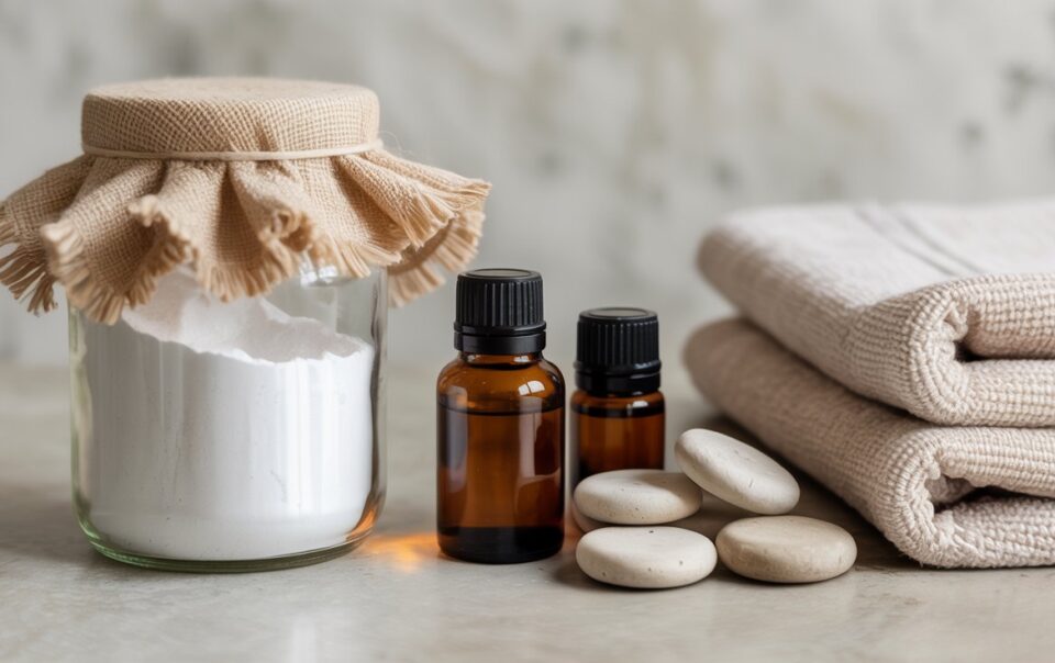 A glass jar with cloth cover, two small amber essential oil bottles, smooth white stones, and neatly folded beige towels arranged on a light surface. Perfect for spa relaxation or creating DIY air fresheners at home.