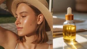 A woman wearing a straw hat with glowing, healthy skin stands outdoors in sunlight; next to her is a glass dropper bottle filled with golden facial oil on a sunlit surface.
