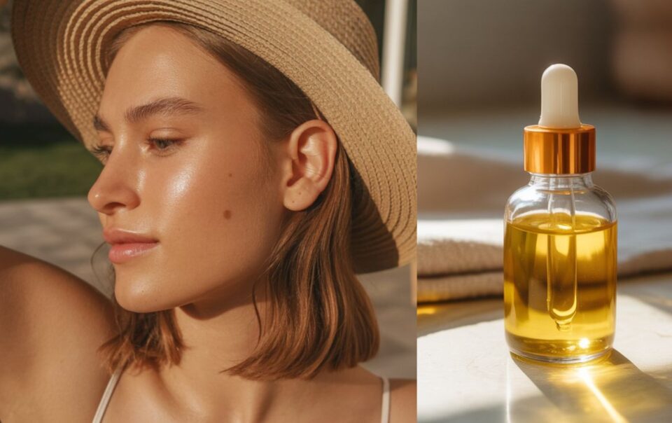 A woman wearing a straw hat with glowing, healthy skin stands outdoors in sunlight; next to her is a glass dropper bottle filled with golden facial oil on a sunlit surface.