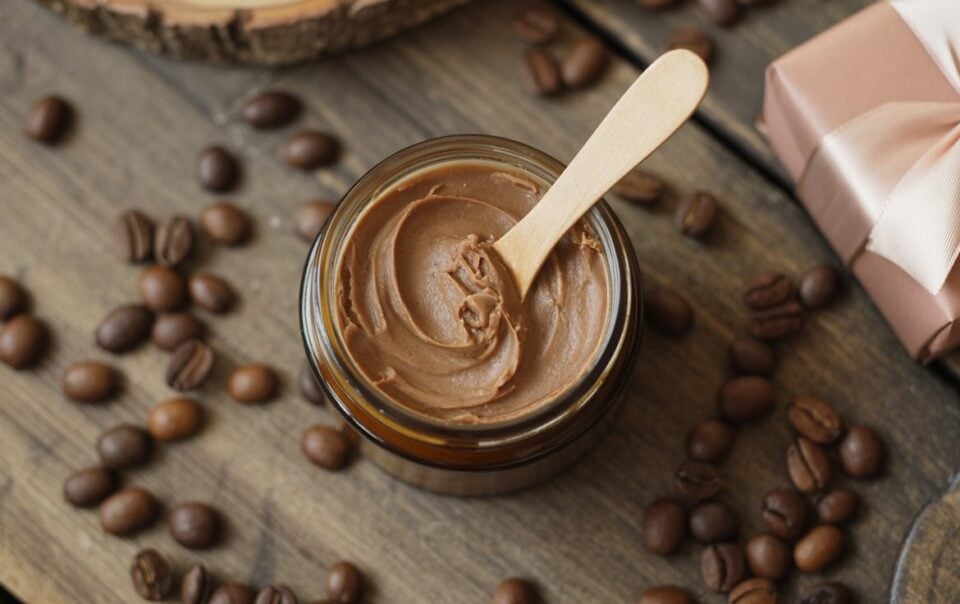 A small jar of creamy brown coffee body butter with a wooden spatula, surrounded by coffee beans on a rustic wooden surface, next to a wrapped gift box with a satin ribbon.