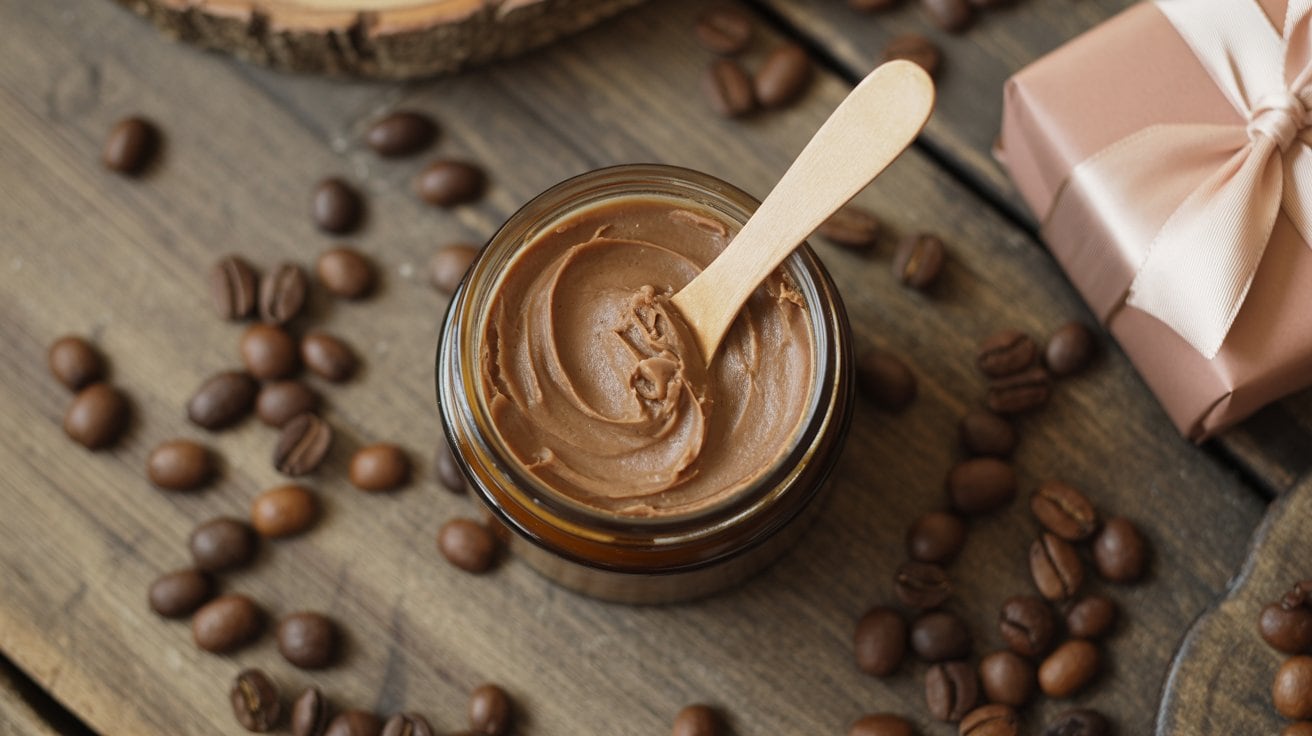 A small jar of creamy brown coffee body butter with a wooden spatula, surrounded by coffee beans on a rustic wooden surface, next to a wrapped gift box with a satin ribbon.