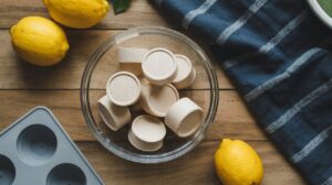 A glass bowl filled with round, tan tablets sits on a wooden surface, surrounded by whole lemons, a blue striped cloth, and part of a gray muffin tin.