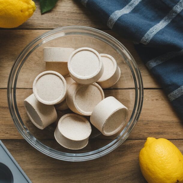 A glass bowl filled with round, tan tablets sits on a wooden surface, surrounded by whole lemons, a blue striped cloth, and part of a gray muffin tin.