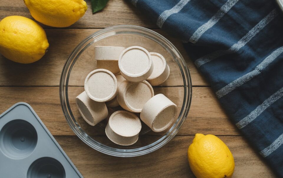 A glass bowl filled with round, tan tablets sits on a wooden surface, surrounded by whole lemons, a blue striped cloth, and part of a gray muffin tin.
