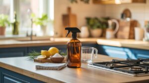 An amber spray bottle labeled DIY kitchen degreaser, lemons, a bowl of baking soda, a measuring cup, and a cloth are arranged on a kitchen island with blue cabinets and a stove, suggesting a natural cleaning setup.