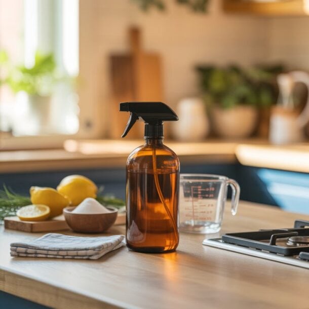 An amber spray bottle labeled DIY kitchen degreaser, lemons, a bowl of baking soda, a measuring cup, and a cloth are arranged on a kitchen island with blue cabinets and a stove, suggesting a natural cleaning setup.