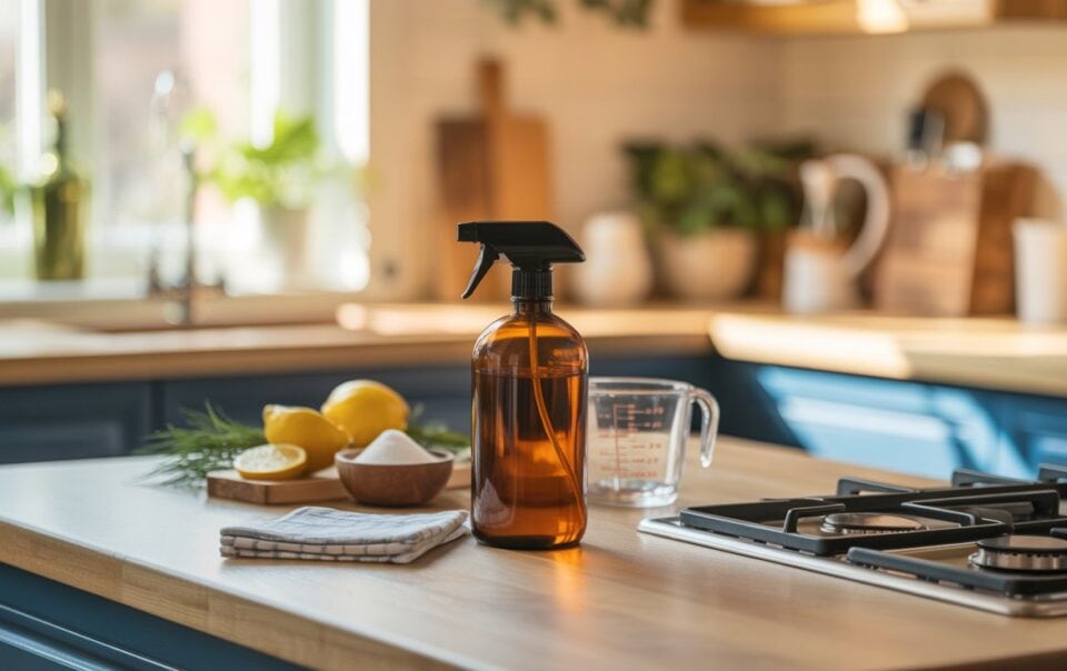 An amber spray bottle labeled DIY kitchen degreaser, lemons, a bowl of baking soda, a measuring cup, and a cloth are arranged on a kitchen island with blue cabinets and a stove, suggesting a natural cleaning setup.