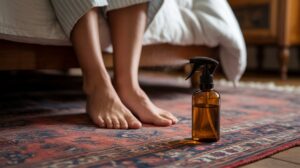 A person sits on the edge of a bed with bare feet near a patterned rug, while a brown spray bottle rests on the floor, emitting a fine mist.