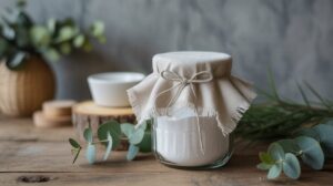 A glass jar filled with white powder, covered with a cloth and tied with string, sits on a wooden table surrounded by eucalyptus leaves and a ceramic bowl in a rustic setting.