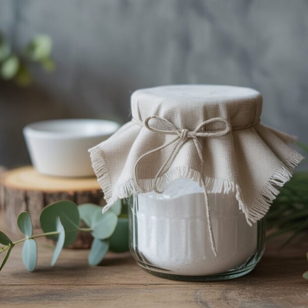 A glass jar filled with white powder, covered with a cloth and tied with string, sits on a wooden table surrounded by eucalyptus leaves and a ceramic bowl in a rustic setting.
