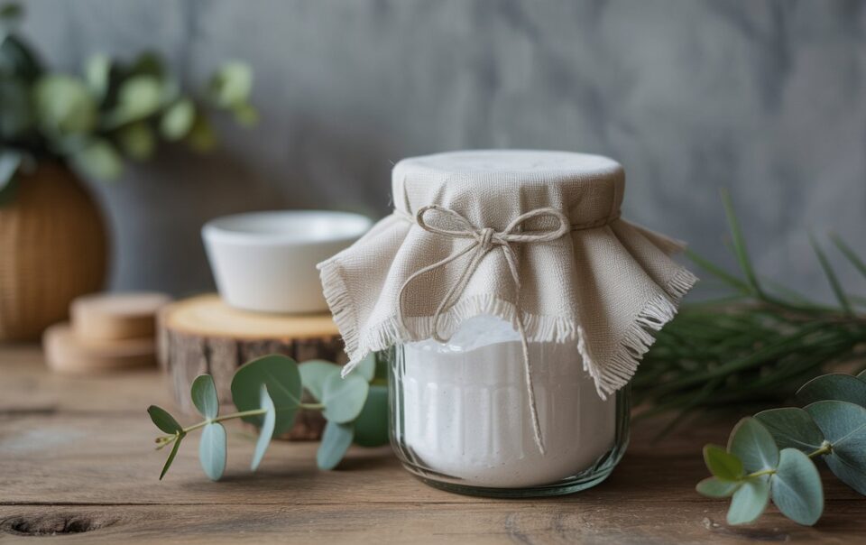 A glass jar filled with white powder, covered with a cloth and tied with string, sits on a wooden table surrounded by eucalyptus leaves and a ceramic bowl in a rustic setting.