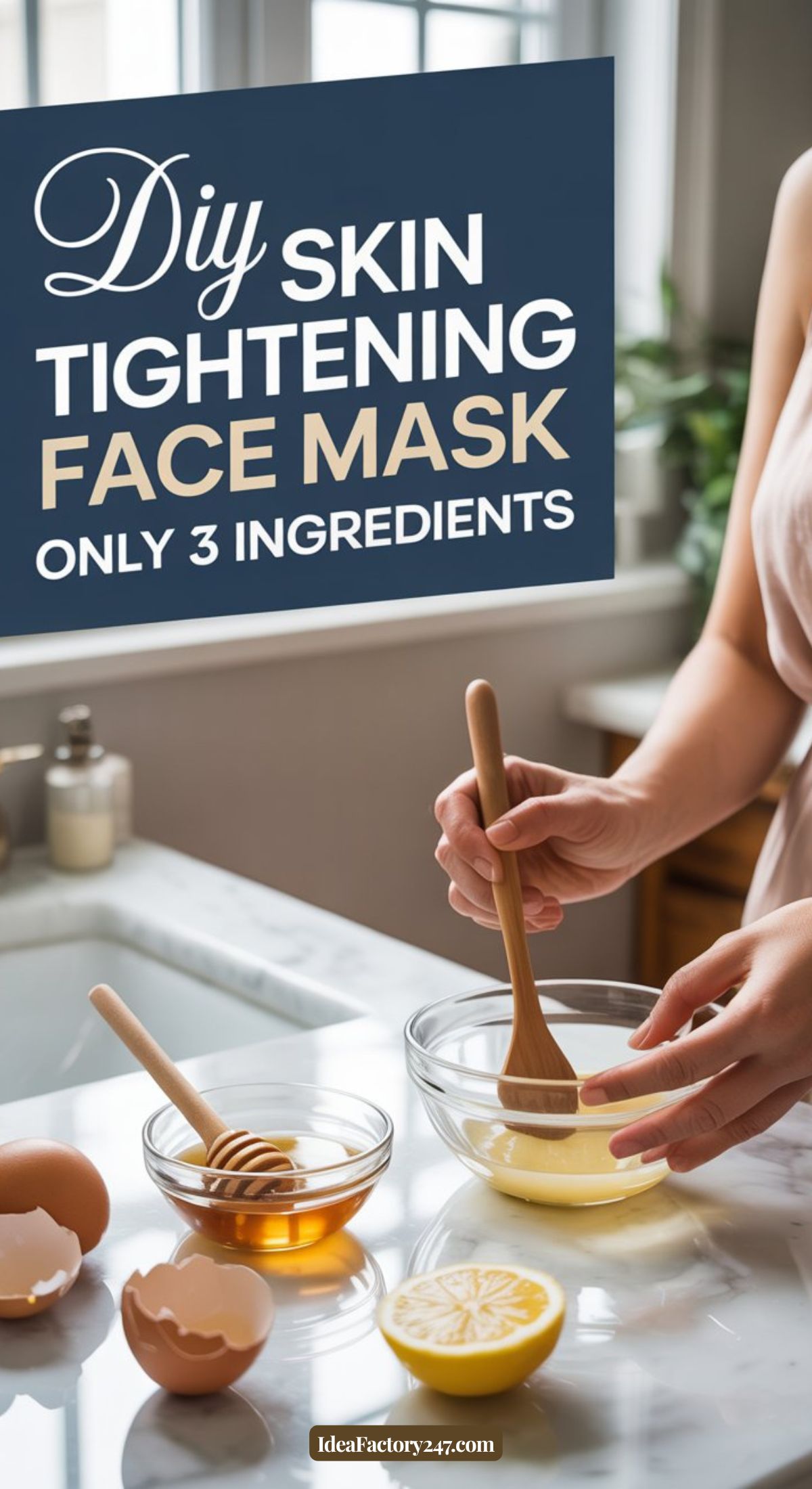 A person prepares a DIY skin tightening face mask using three ingredients: honey, egg, and lemon, in a bright kitchen. Opened eggshells, a bowl of honey, a half lemon, and mixing bowls are on the counter.