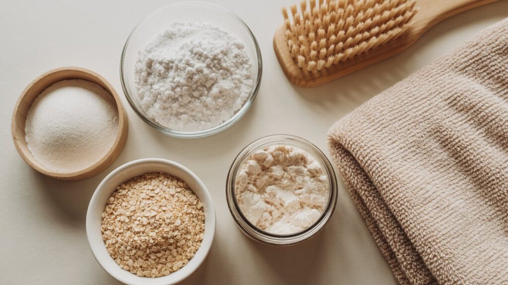 Bowls and jars filled with white powder, oatmeal, and a granular substance are arranged next to a wooden brush and a folded beige towel on a neutral surface.