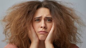 A person with frizzy, voluminous brown hair holds their face with both hands and looks directly at the camera with a worried or unhappy expression against a plain background.