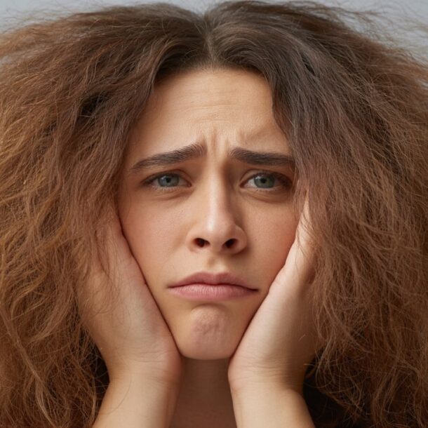 A person with frizzy, voluminous brown hair holds their face with both hands and looks directly at the camera with a worried or unhappy expression against a plain background.