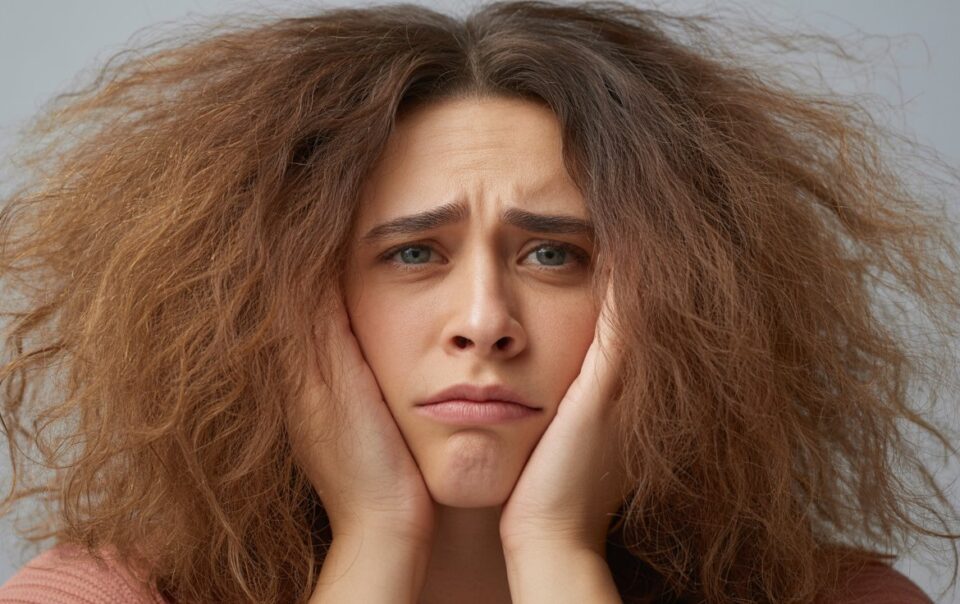 A person with frizzy, voluminous brown hair holds their face with both hands and looks directly at the camera with a worried or unhappy expression against a plain background.