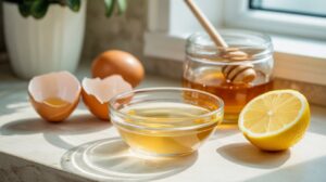 A bowl of liquid, a halved lemon, a jar of honey with a dipper, and cracked eggshells are arranged on a sunlit countertop near a window.