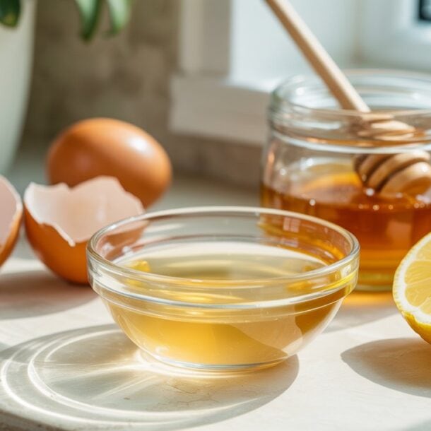 A bowl of liquid, a halved lemon, a jar of honey with a dipper, and cracked eggshells are arranged on a sunlit countertop near a window.